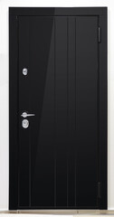 Glossy black metal entrance door with details: handle, open closed lock, hinges and threshold.