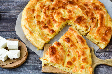 Bakery .Home made  cheese pie  with phyllo pastry and organic eggs. Bulgarian banitsa