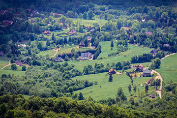 Aerial view from Wetlina Polonyna montane meadow in Bieszczady Mountains, Poland