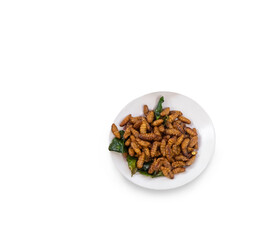 insect fried in white plate on white background
