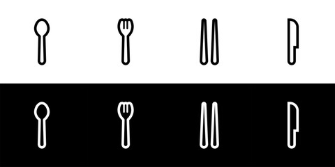Cutlery type icon set. Flat design icon collection isolated on black and white background. Spoon, fork, chopsticks, and knife.