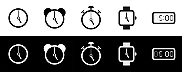 Clock icon set. Flat design symbol collection isolated on black and white background. Time information. Analog, digital, alarm, stopwatch, and wristwatch.