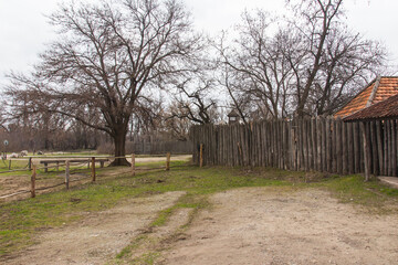 Wooden fence in the national reserve "Zaporizhzhia Sich" on the island of Khortytsia in Zaporizhzhia. Ukraine