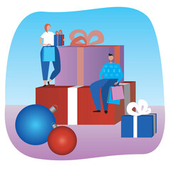 Big boxes with gifts and small people as a concept of Christmas discounts, flat vector stock illustration with shoppers with shopping bags