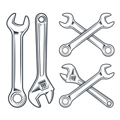 Wrench and adjustable wrench. Repair tools icon isolated on white background.