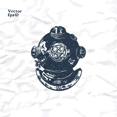 Obraz premium Vintage diver helmet. Ink stamp style. Element for emblem, logo, label or t-shirt design. Vector illustration on crumpled paper texture background.