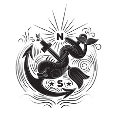 Anchor, paddle and dolphin old symbol. Emblem vector illustration.