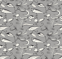 Fishing and fly fishing lures seamless pattern. Background or texture for your design. Sketch style vector illustration.