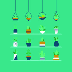 Indoor and outdoor landscape garden potted plants isolated on white. Vector set green plant in pot, illustration of flowerpot bloom