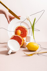 floral and fruit composition with tulip on wire and citrus fruits near cubes, cup, fork, knife and female hand on plate isolated on beige