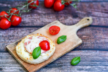 Fototapeta na wymiar Home made italian bruschetta with tomato , mozzarella cheese and basil