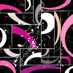 abstract geometric background pattern, with circles, squares, strokes and splashes, on black