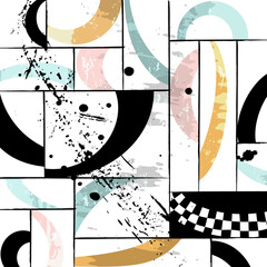 abstract geometric background pattern, with circles, squares, strokes and splashes, grungy