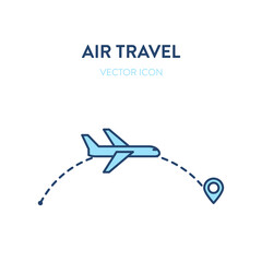 Air travel icon. Vector flat outline illustration of a flying plane followed by a dotted line trace to the destination point. Represents a concept of international flights, air travel, location symbol