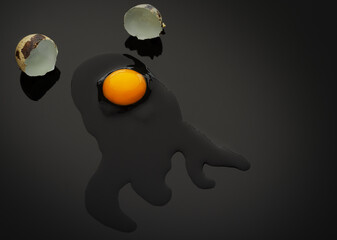 Broken quail eggs open on black reflective surface, liquid reflecting, - 356966767