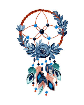 watercolor dream catcher with blue flower