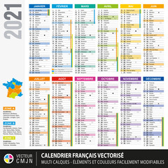 Calendrier français 2021 avec vacances scolaires, noms des saints du jour, cycles lunaires, fériés, fêtes etc... Textes 100% vectorisés. Vecteur Multi calques.