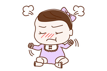 プンプン怒っているお座りの女の子の赤ちゃん