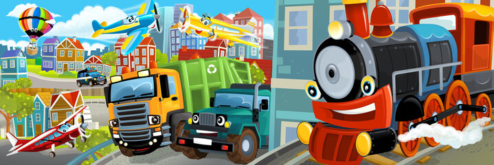 cartoon happy and funny scene of the middle of a city with dumper and train locomotive