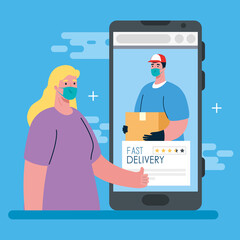 online delivery service concept, during coronavirus 2019 ncov, smartphone and app, fast delivery vector illustration design