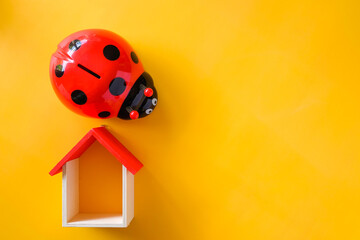 Ladybug piggy bank  , cake and mini house on yellow background