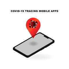 COVID-19 tracing mobile apps vector. GPS marker with corona virus and mobile phone