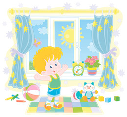 Little boy doing gymnastic exercises on a color carpet in his nursery room with toys on a sunny morning, vector cartoon illustration on a white background