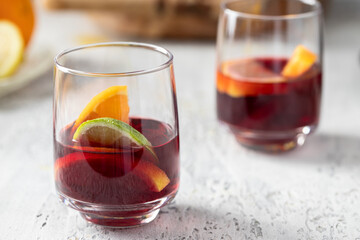 Glass with sangria drink or punch. Refreshment acholic beverage Close up.