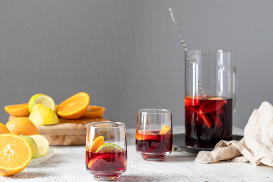 Refreshment acholic drink  sangria making with red wine , orange and other fruit. Famous Spanish summer beverage