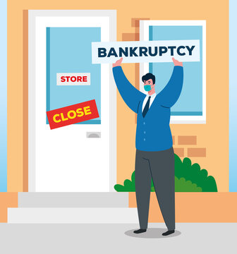 Coronavirus Crash, Covid 19 Economy Collapse, Sad Businessman In Company Facade Closed , Bankruptcy Concept Vector Illustration Design