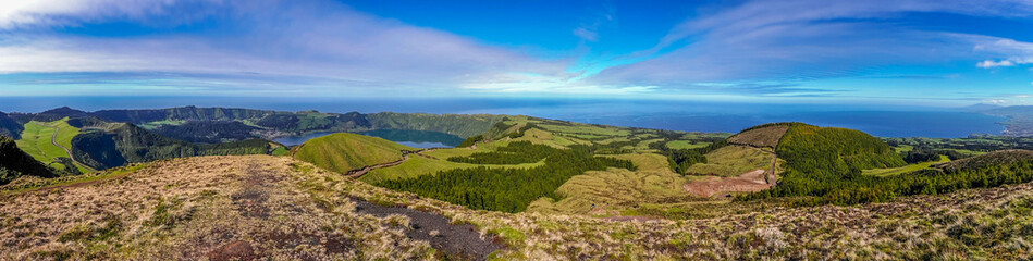 Panoramic view of Lagoa do fogo and the ocean, Sao Miguel, Azores