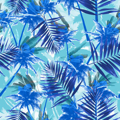 tropical palm trees seamless pattern on a blue background © AineGing
