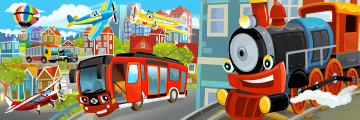 cartoon happy and funny scene of the middle of a city with cars and train © honeyflavour