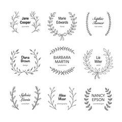 Wreath logo vector collection. Hand drawn laurel wreath branding clipart set. Logotype template concept sample text
