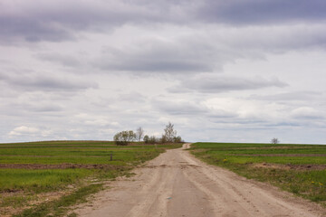 Dirt road among cultivated fields against the cloudy spring day.