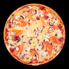 Top view tasty italian pizza on black background