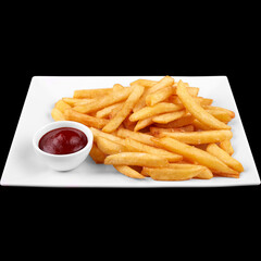 French fries with sauce on black background