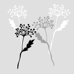 Abstract plants and leaves isolated on grey background. Sketch style. Line art. Tattoo art. Hand drawn illustration for floral design. For invitation, greeting cards, textile, paper and wrapping