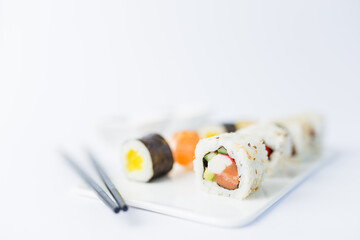 Close up of japanese sushi set on white background.