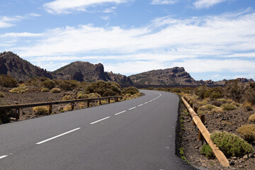 road between rocky land and beautiful vegetation on a sunny day in Teide, Canary Islands. Travel and future concept