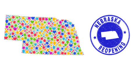 Celebrating Nebraska State map collage and reopening corroded stamp seal. Vector collage Nebraska State map is created from randomized stars, hearts, balloons.