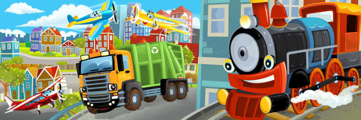 cartoon happy and funny scene of the middle of a city with dumper and train