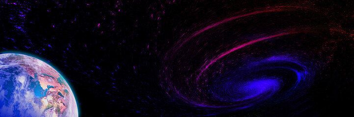 3D rendering of earth parts and cosmic galaxy vortices, internet science and technology background.