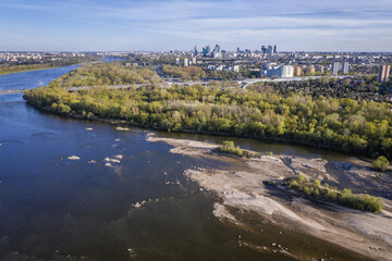 Drone view of sandbars of Vistula riverbank in Warsaw, during drought in Poland