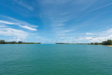 Summer beach paradise. Tropical island beach. Sea shore line. Island relax landscape travel concept