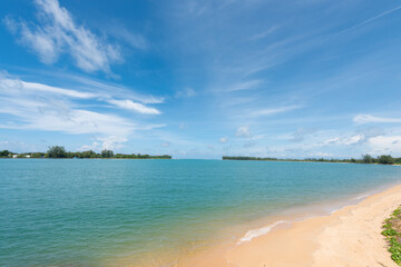 Summer beach paradise. Tropical island beach. Sea shore line. Island relax landscape travel concept
