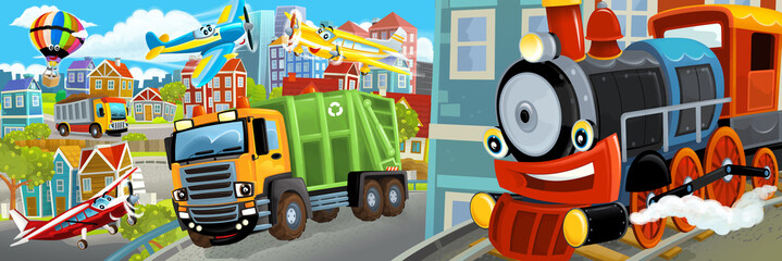 cartoon happy and funny scene of the middle of a city with dumper and train