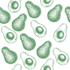 Vector sketch illustration with avocado on a white background seamless pattern. Vegan food