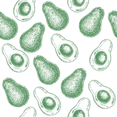 Wall murals Avocado Vector sketch illustration with avocado on a white background seamless pattern. Vegan food