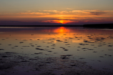 The salty, pink lake in the steppe at sunset is beautiful.